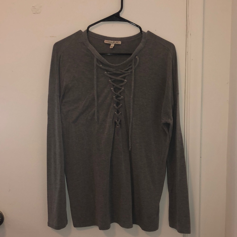 Express Grey V-neck Long Sleeve Top